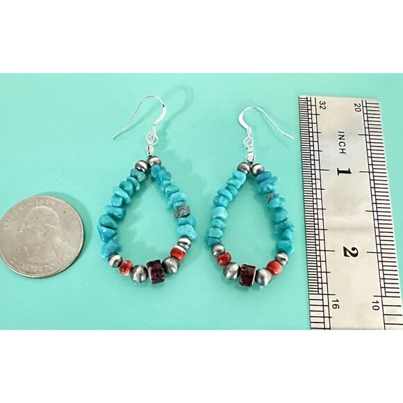 Native American Handmade Silver & Genuine Multi Gemstone Teardrop Earrings - Picture 2 of 6